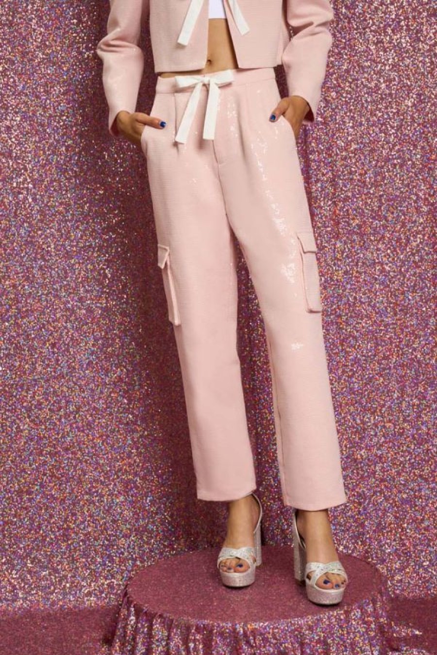 Sister Jane Headline Sequin Cargo Trousers | Pale Pink Clearance