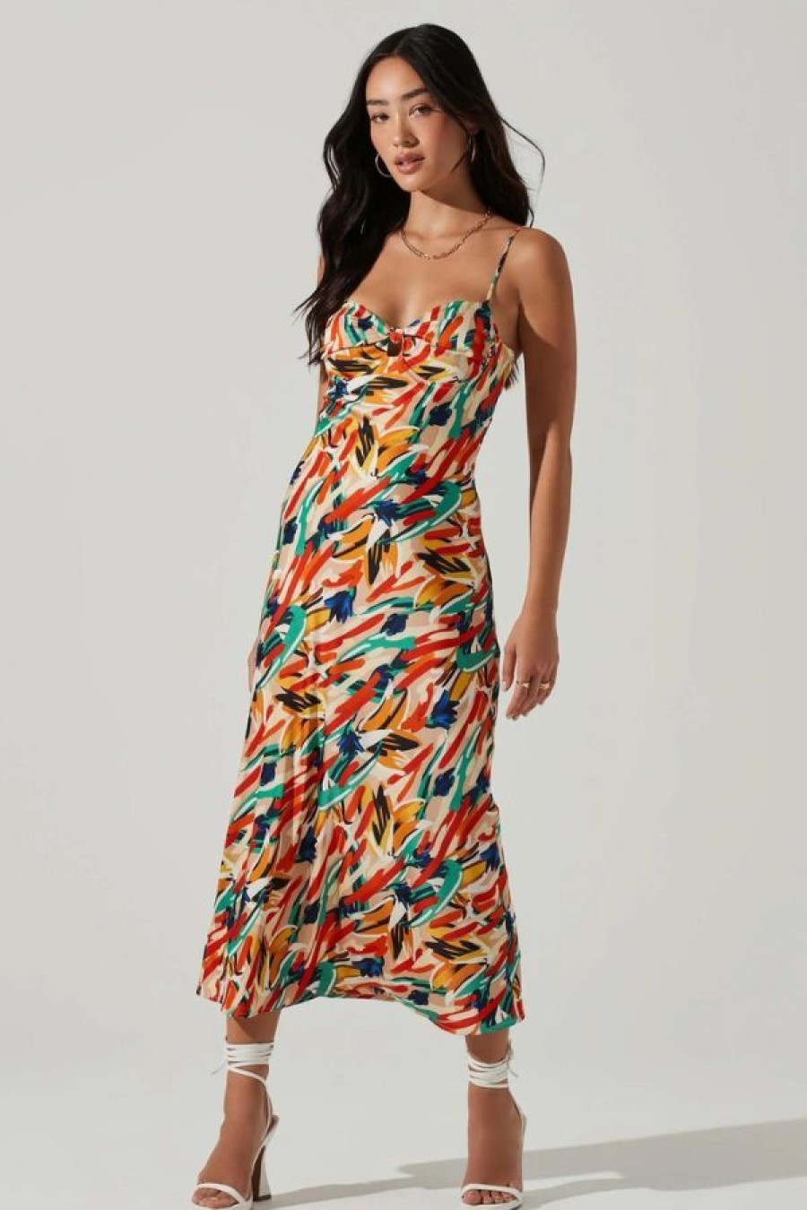 ASTR The Label Mariela Abstract Satin Midi Dress | Orange Green Multi Clearance