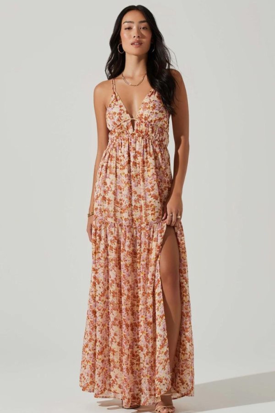 ASTR The Label Ryliana Floral Tiered Maxi Dress | Rust Lilac Floral Best