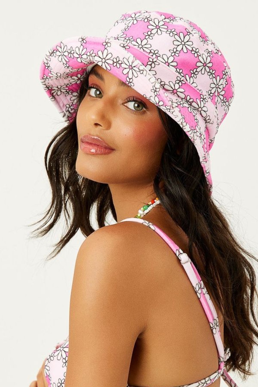 Frankies Jax Terry Bucket Hat Pink Daisy Print Wholesale