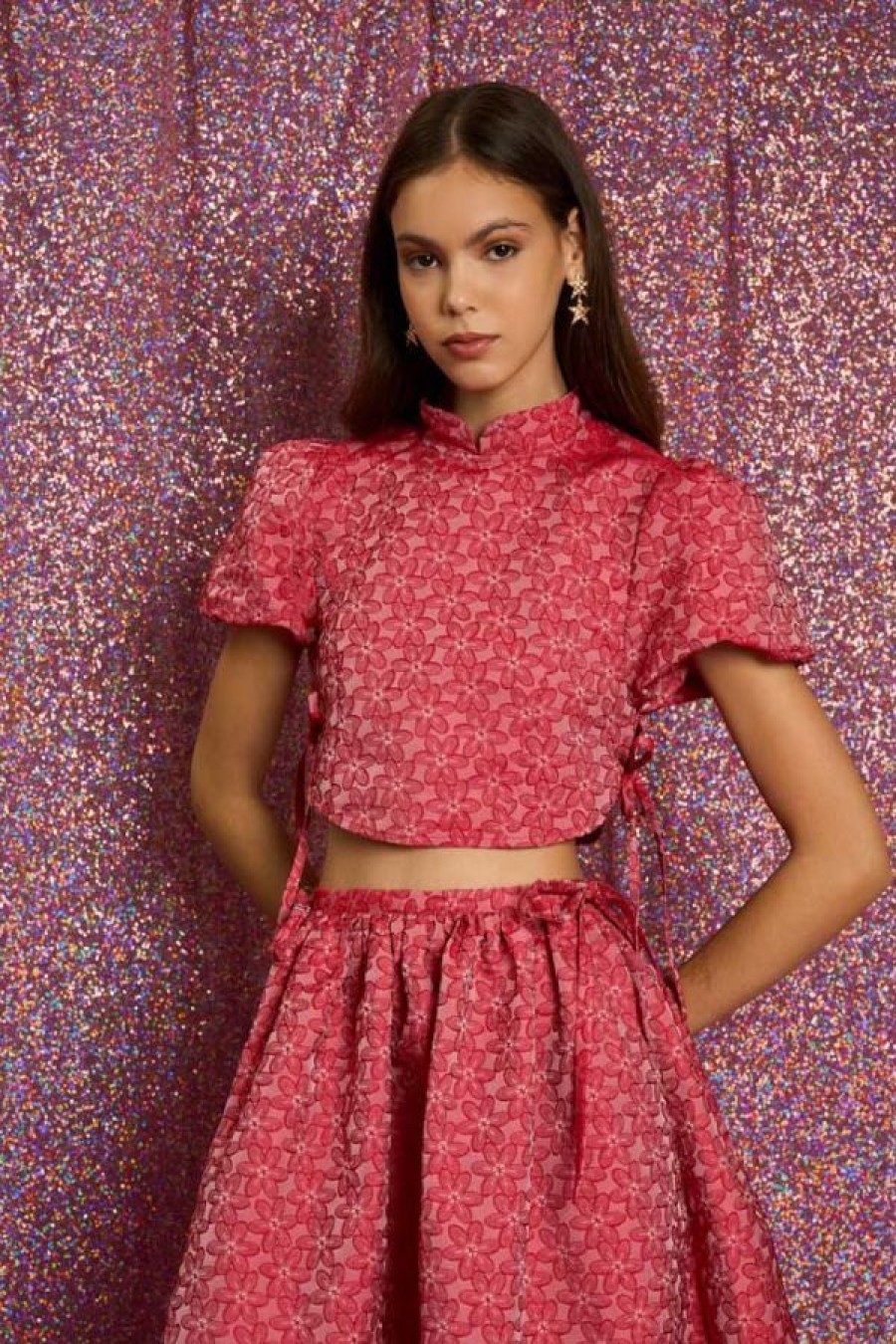 Sister Jane Flower Power Jacquard Crop Top | Ruby Red Hot