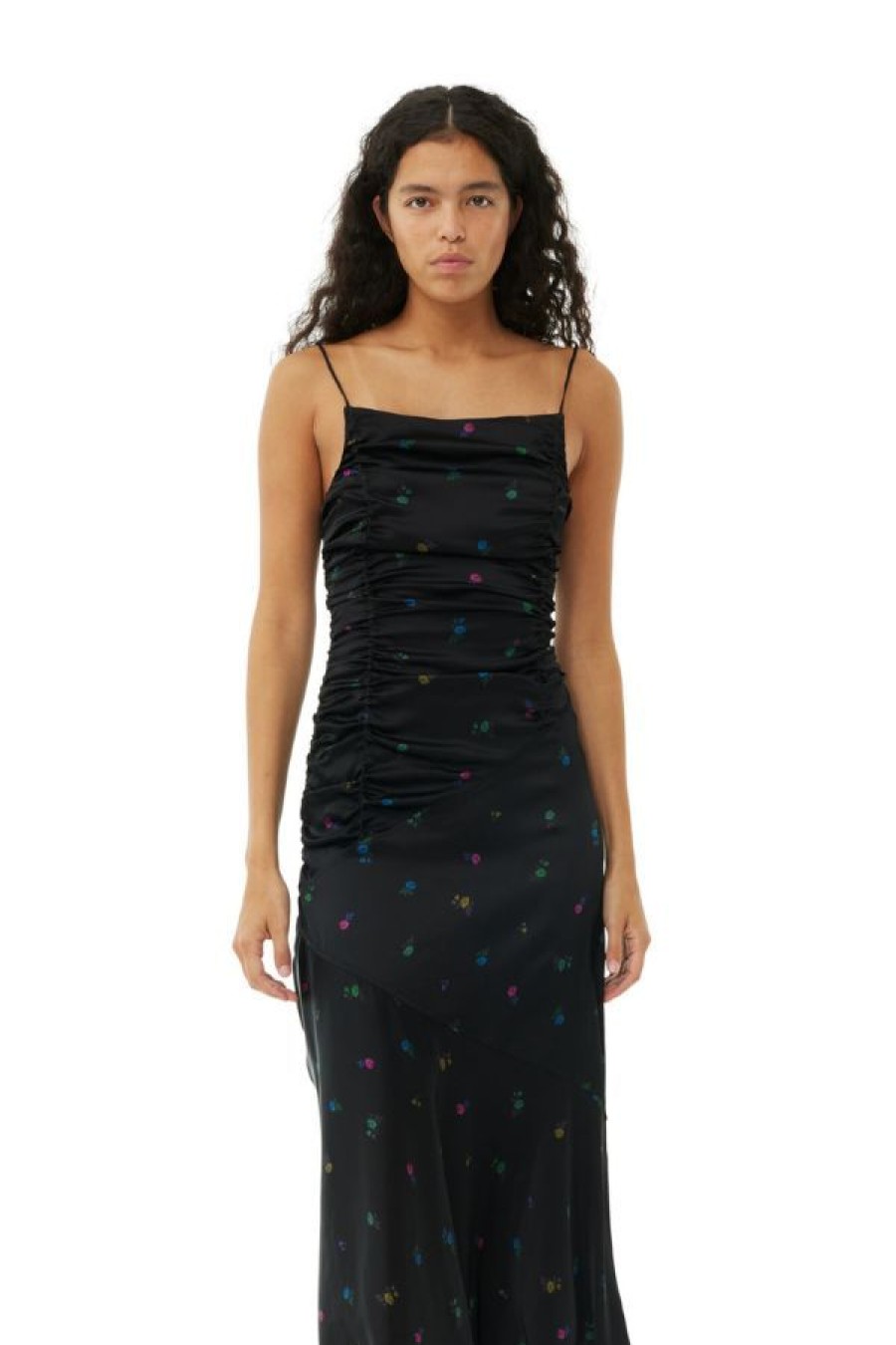 Ganni Printed Satin Ruched Slip Dress | Black New