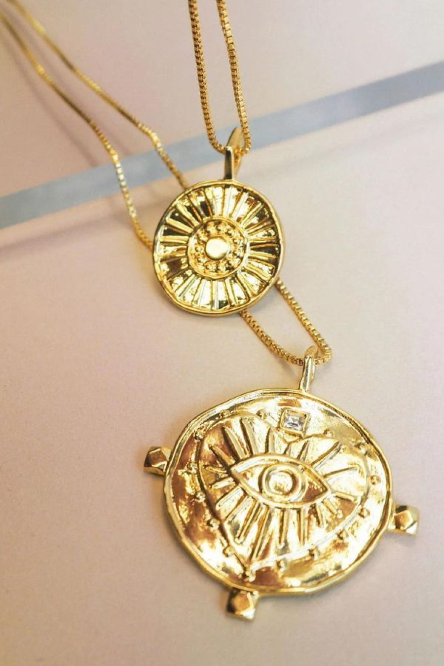 Luv AJ Evil Eye Double Coin Necklace | Gold Hot