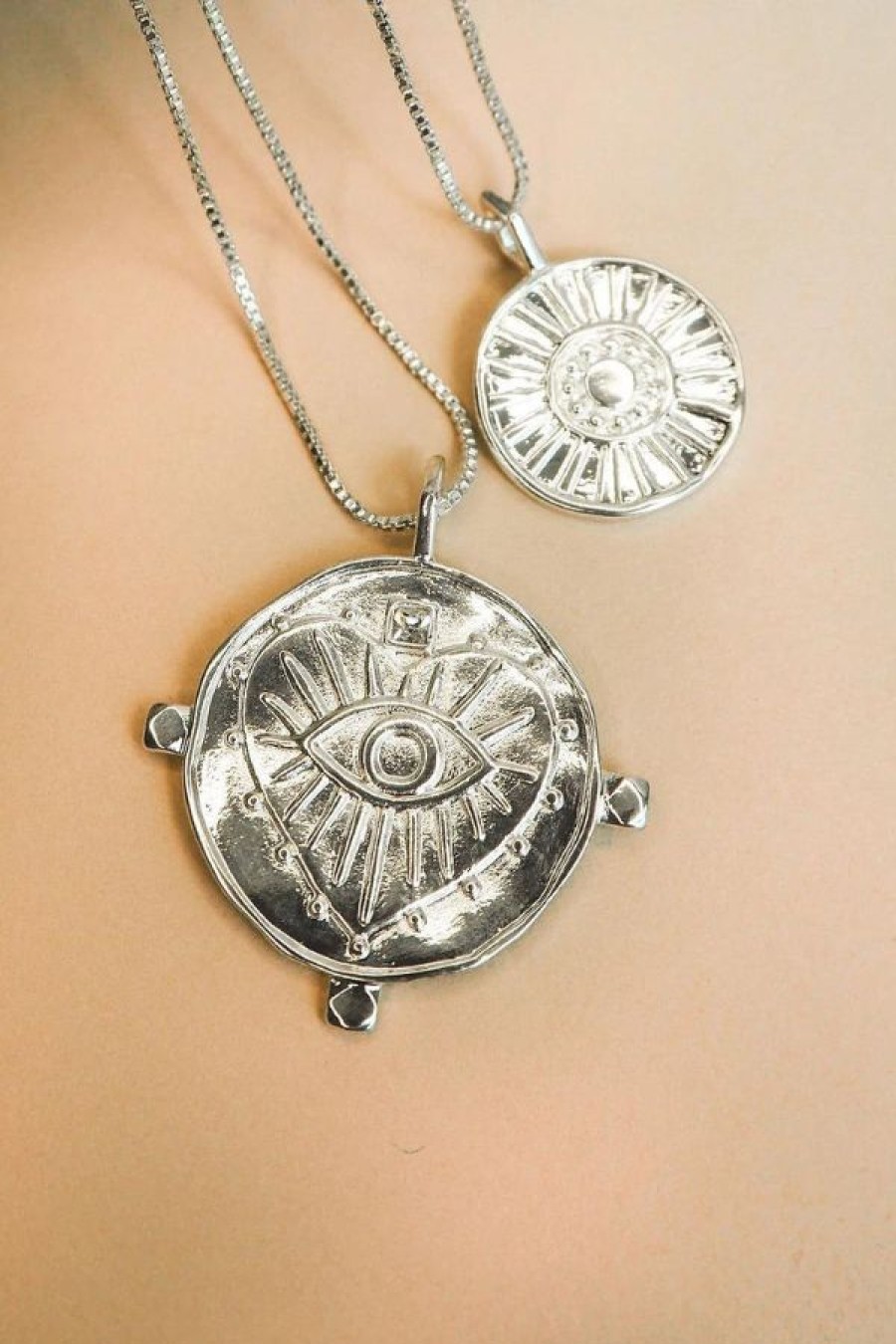 Luv AJ Evil Eye Double Coin Necklace | Silver New