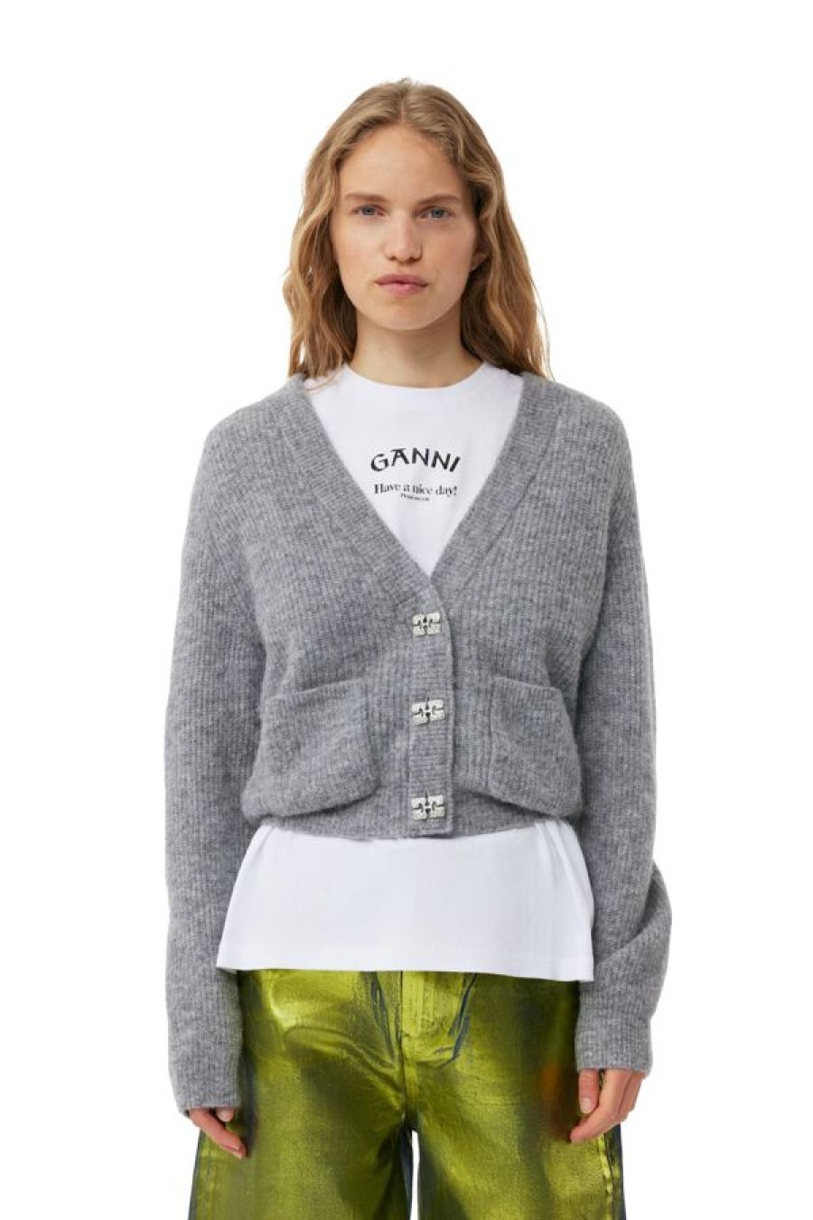 Ganni Grey Soft Wool Cardigan | Paloma Melange Wholesale